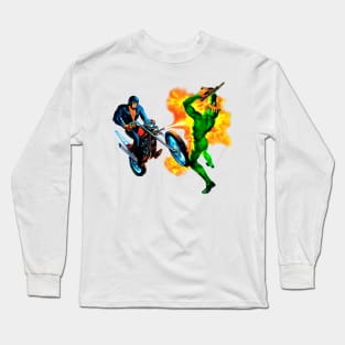 Hell Rider Motorcycle Fire Masked Hero Antihero Villain Retro Comic Vintage Colorful Long Sleeve T-Shirt